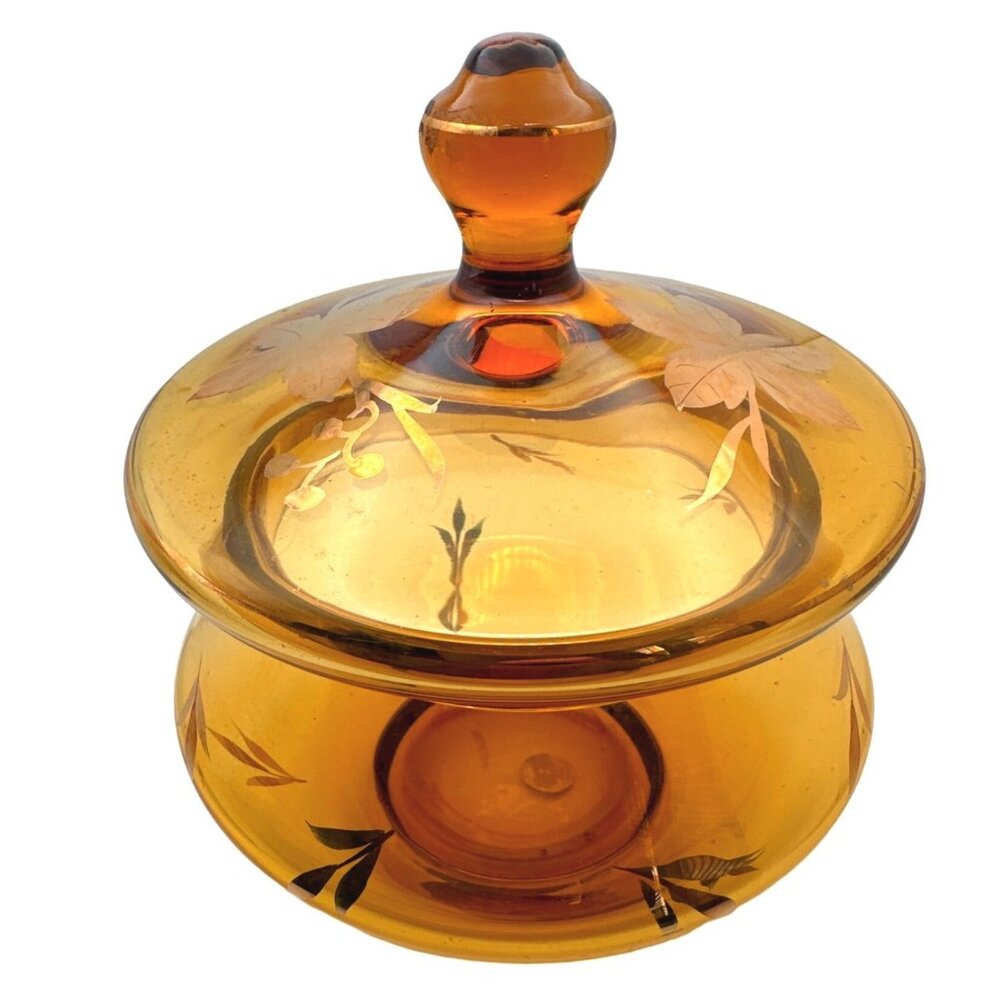 Vintage Roumania Amber Color Glass Jar Candy Dish Gold Trim Leaf Design European - Picture 3 of 11